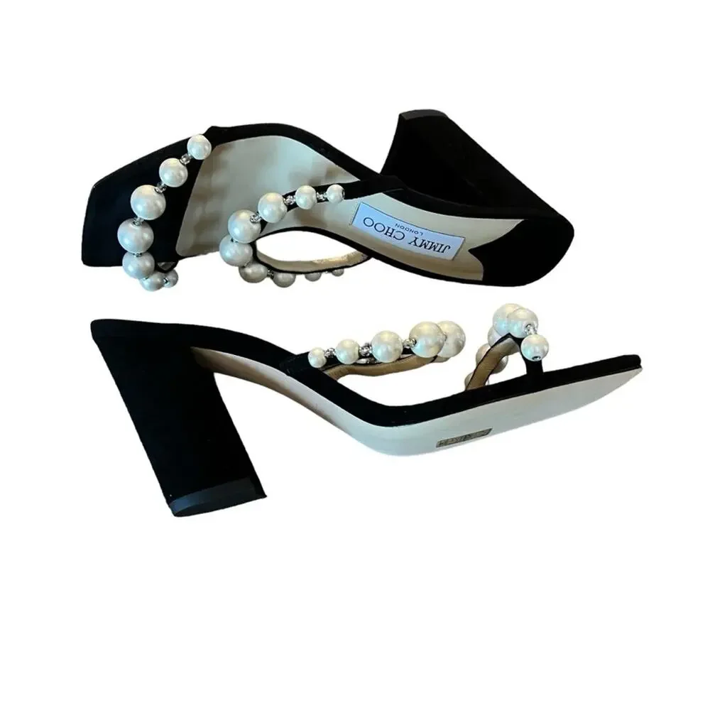 Jimmy Choo Amara 85mm Pearl Straps Suede Block Heels Mules NEW EU 35 US 5